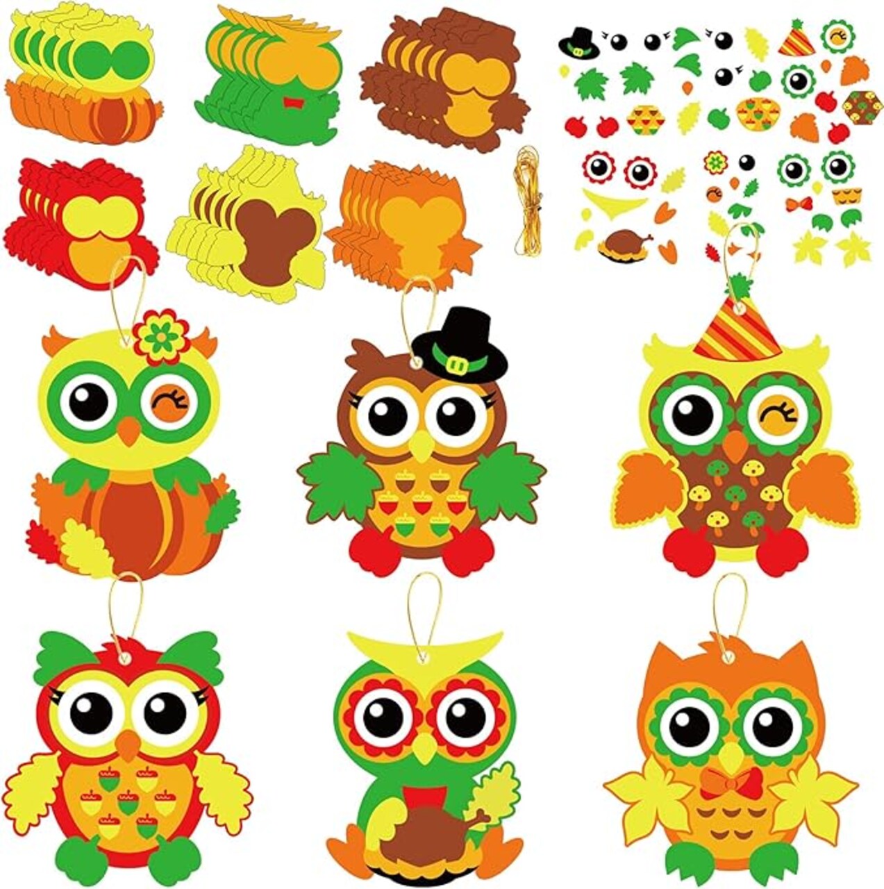 30 Packs Fall Thanksgiving Crafts for Kids Thanksgiving Owl DIY Artwork with Fall Autumn Leaves Pumpkins Stickers Create Your Own Owl Set for Kindergarten Home Class Game Activities.